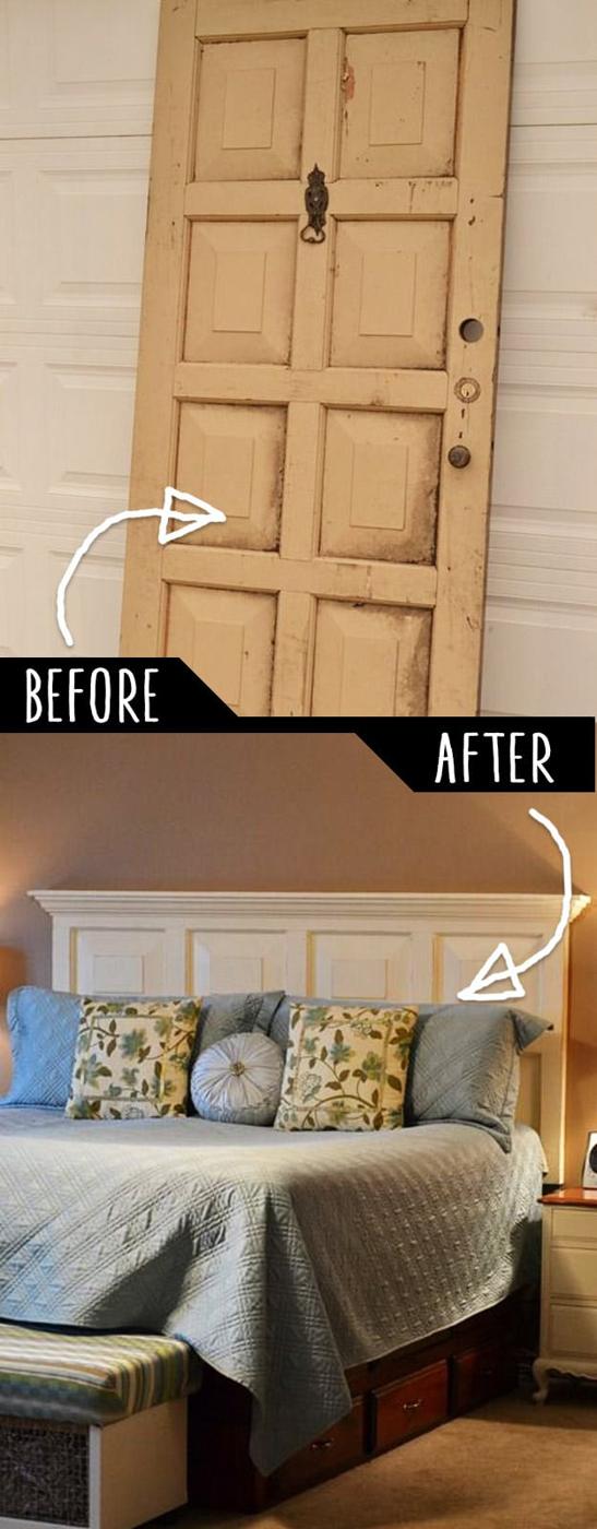 Before and after collage of a battered paneled door above the same door painted white as a crown molding headboard
