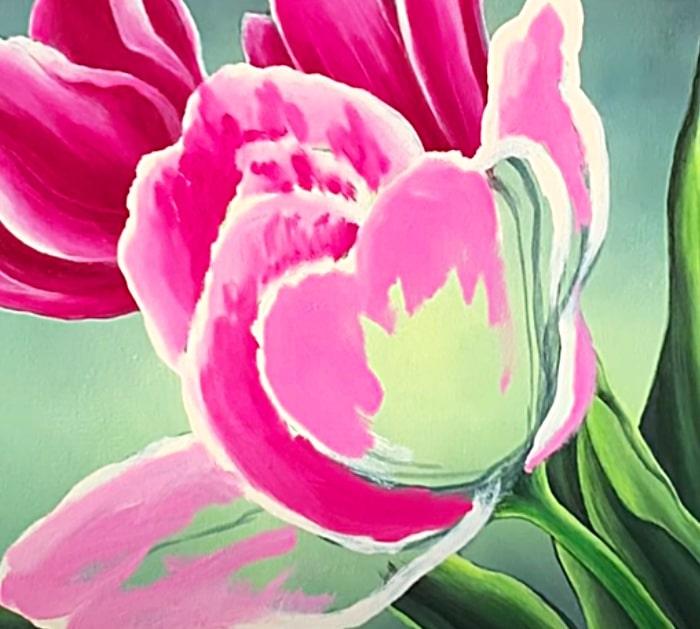Bright Fuchsia Tulips On A Canvas With Gold Leaf