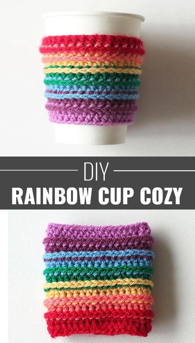 DIY crafts to make and sell: rainbow crochet cup cozy for coffee lovers, a beginner friendly craft fair best seller