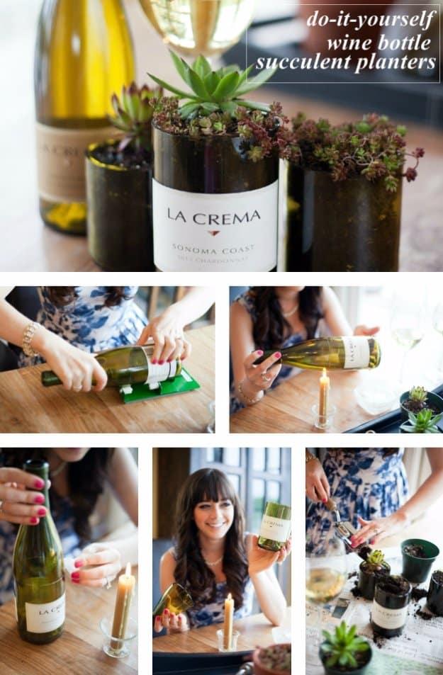 DIY wine bottle succulent planters, a step collage ending with cut green bottles planted up with small green succulents