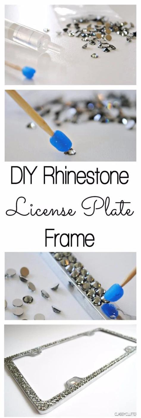 Silver license plate frame covered in gray rhinestones, shown with loose stones and a wax tipped skewer applicator