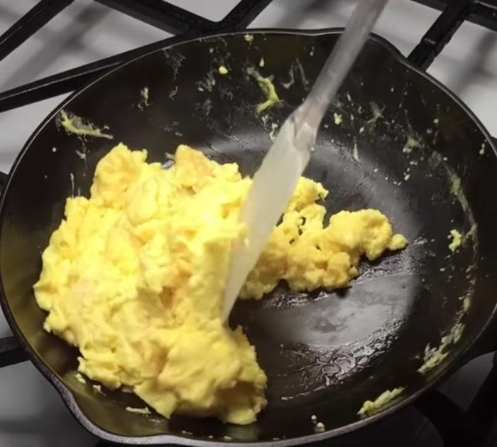 No stick scrambled eggs in cast iron.