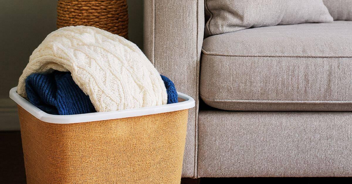 Burlap wrapped Dollar Tree storage bin holding folded sweaters next to a sofa, an easy budget DIY organizer