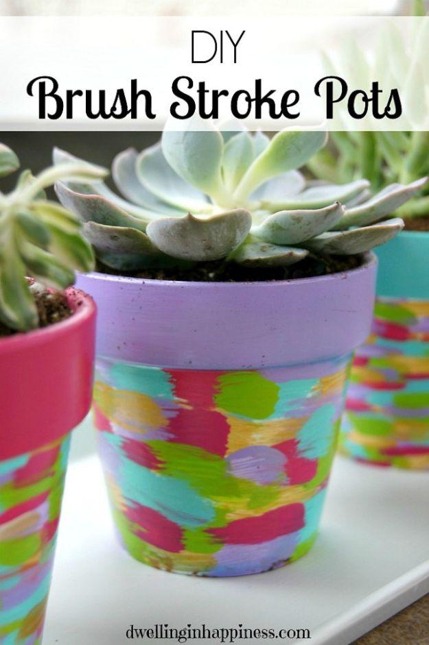 DIY Ideas for Clay Pots - DIY Brush Stroke Pots - Cute Gardening Projects Tutorials for Decorating Pots - Pretty Rustic and Farmhouse Planters for Cheap Home Decor