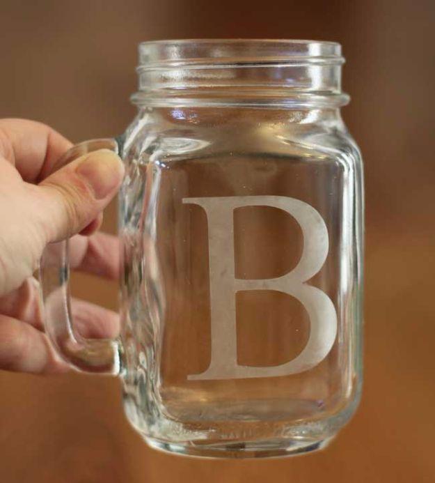 Mason jar drinking glasses etched with monogram initials, a personalized handmade Valentine gift for him