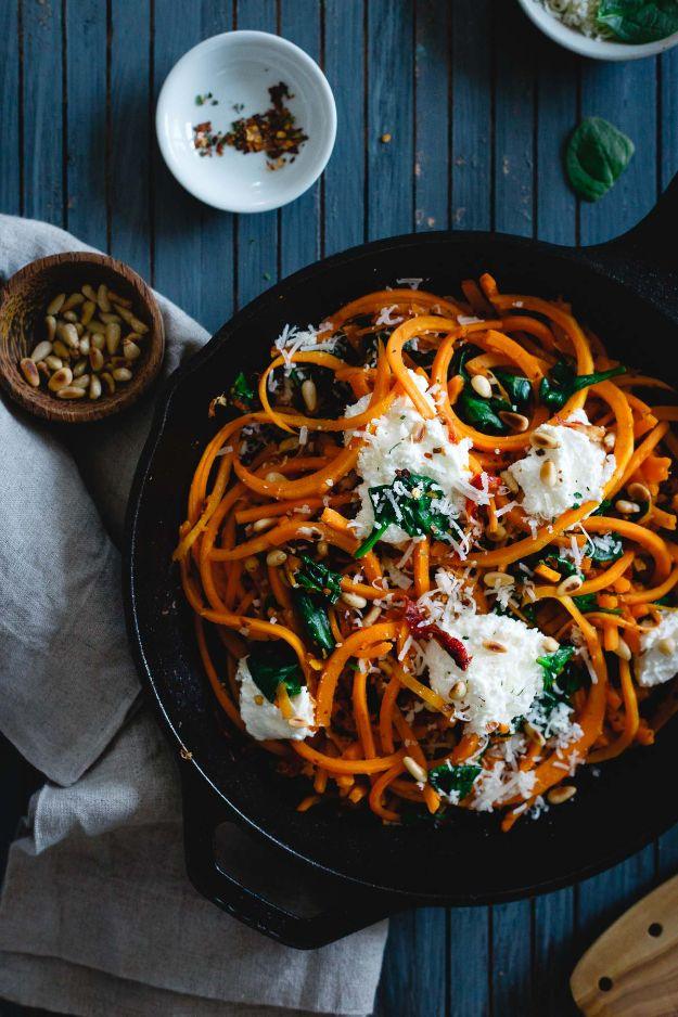 Veggie Noodle Recipes - Garlicky Butternut Squash Noodles With Spinach and Ricotta - How to Cook With Veggie Noodles - Healthy Pasta Recipe Ideas - How to Make Veggie Noodles With