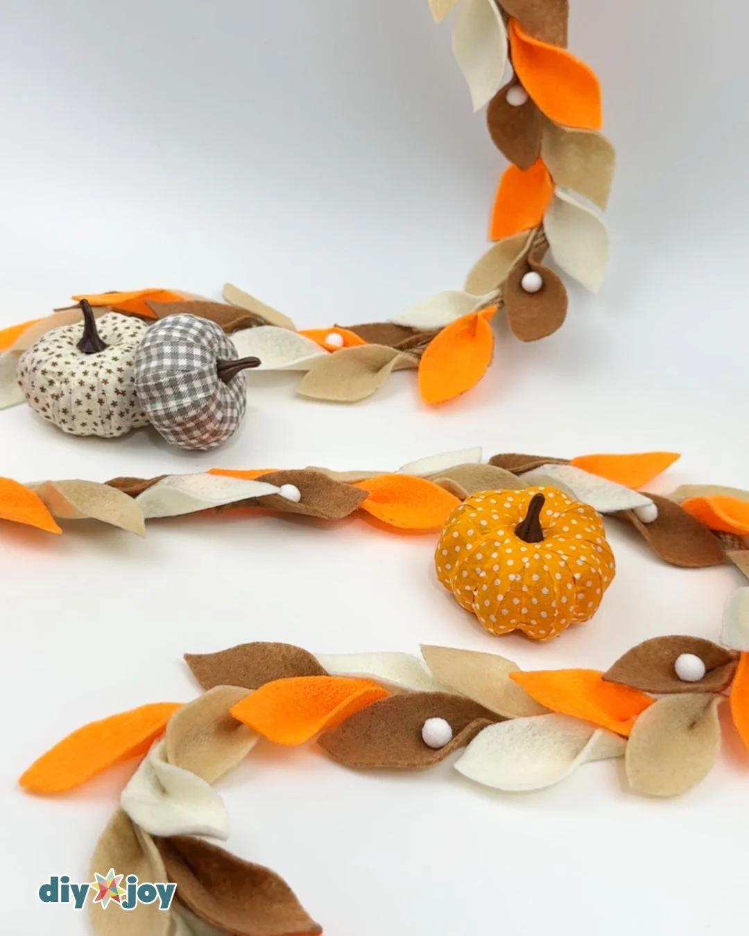 DIY fall leaf garland tutorial turning colorful felt fabric into dimensional leaves attached to rope.