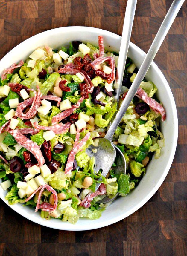 Italian chopped salad for two with romaine, white beans, cured meats and cheese in a zesty homemade dressing