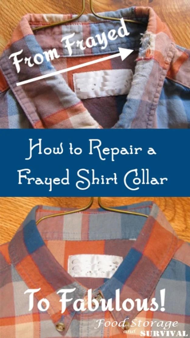 Clothing repair hack for shirts, a plaid shirt collar frayed at the edge above the same collar looking like new