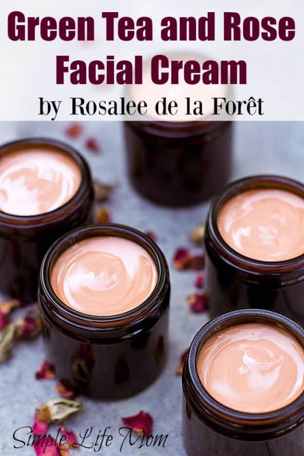 Green tea and rose facial cream graphic, four amber glass jars of soft pink cream with dried rose petals scattered around