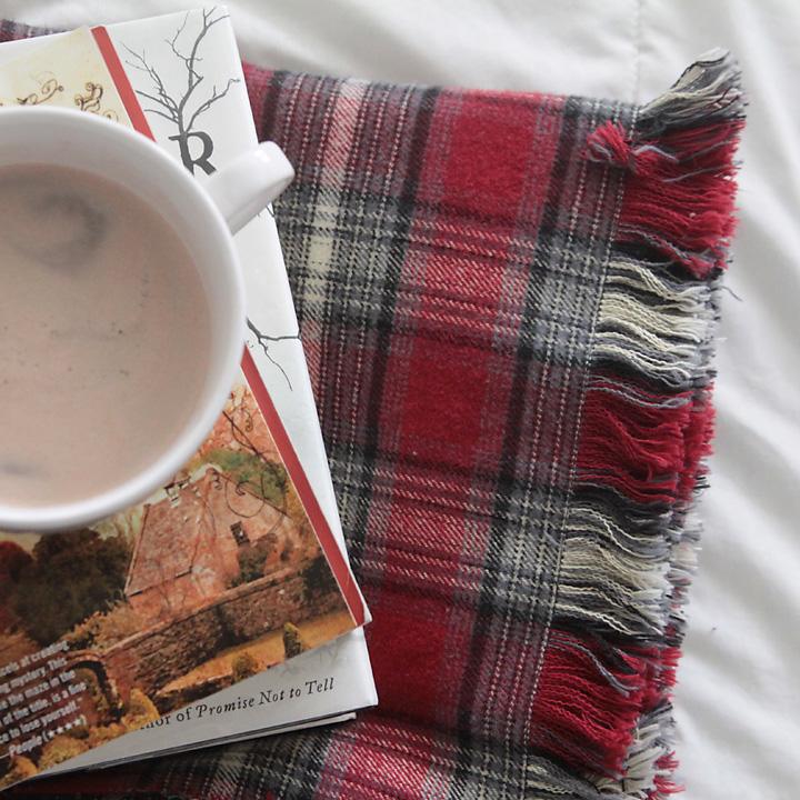 Red and gray plaid flannel throw with a deep pulled thread fringe, folded on white bedding with a mug and book