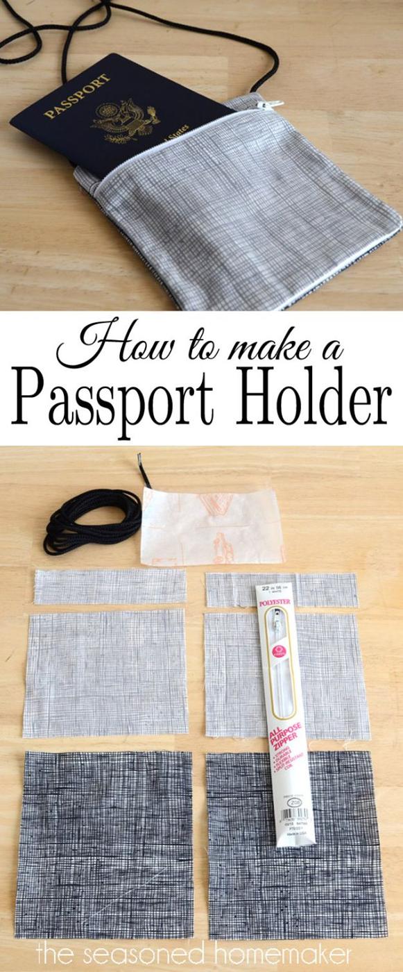 Passport holder in a gray crosshatch print with a zipper and cord, in a collage with its cut pieces and zipper