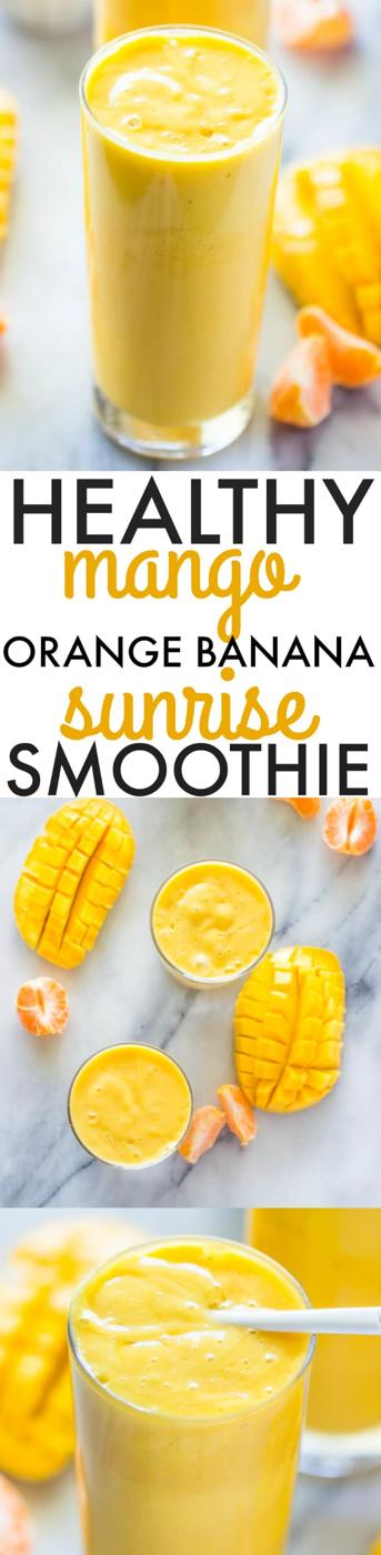 Pin graphic with a photo of golden mango smoothie above the title text and two more smoothie photos below it