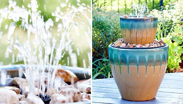 Two panel photo of a bubbler spraying over stones and a teal drip glazed two tier pot fountain on a table