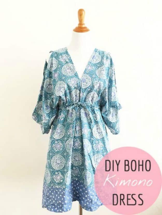 Blue and white medallion print kimono dress on a dress form with wide sleeves and a drawstring waist