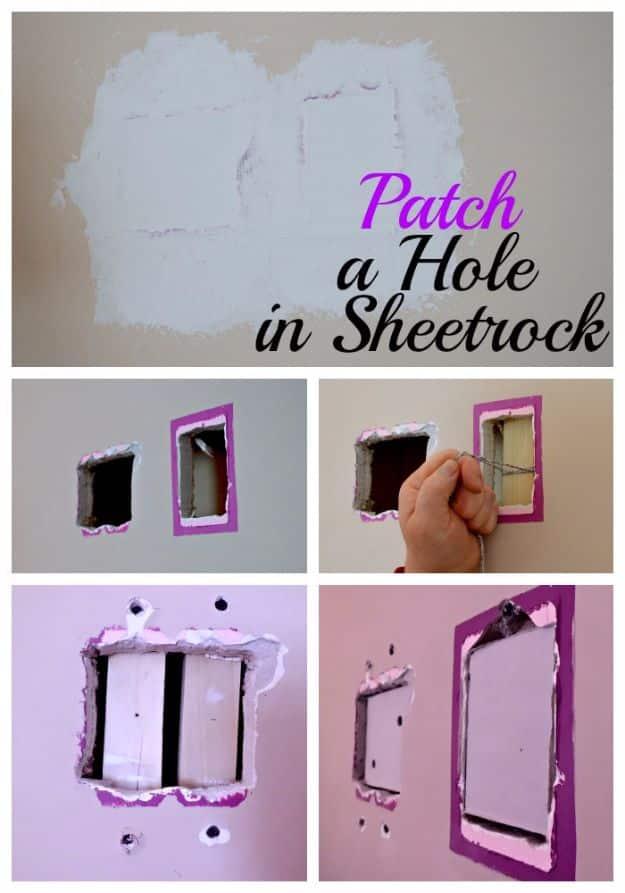Patch a hole in sheetrock, two rectangular wall holes being backed, patched and skimmed white with joint compound