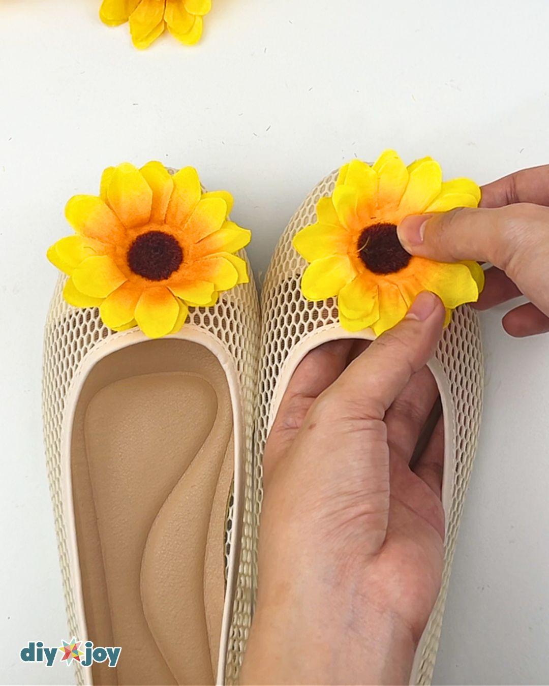 Homemade Couples Costume Sunflower And Gardener - sunflower shoes with a fake flower glued to the toe of each flat.