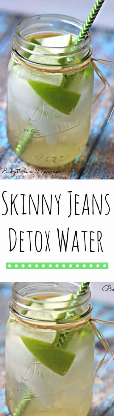 Skinny jeans detox water in a mason jar with green apple chunks, a green striped straw and pale water