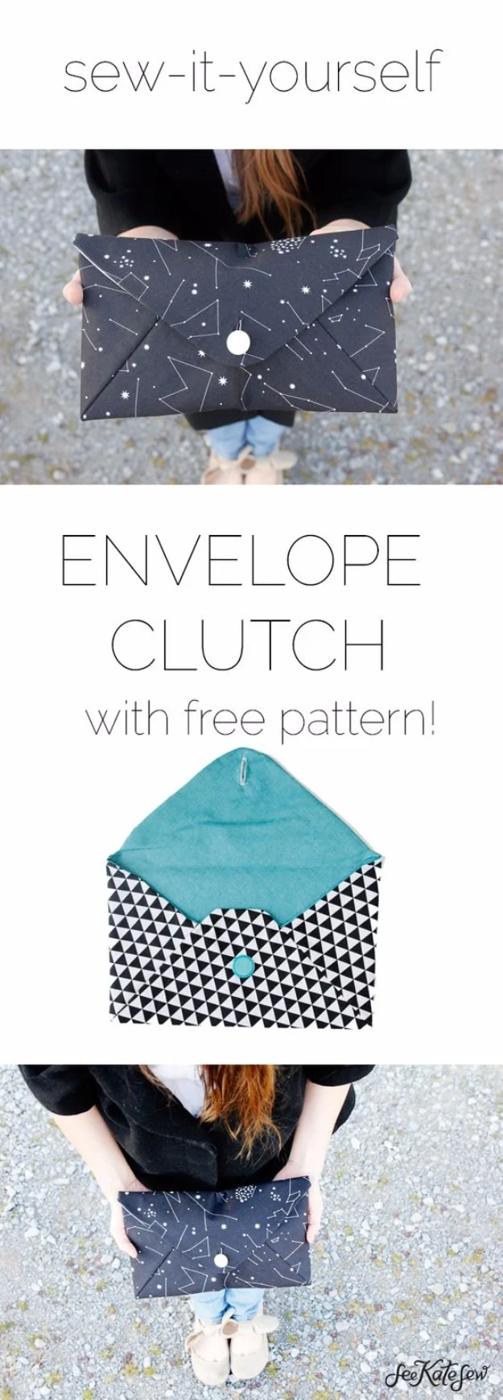Printed cotton envelope clutch with a white button closure held at waist height and a teal lined version open
