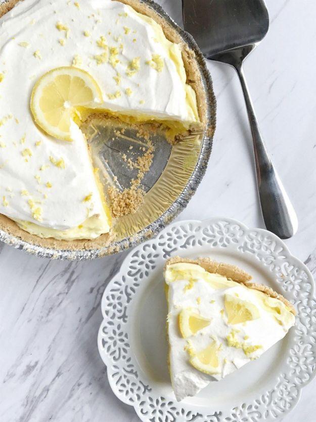 Triple layer lemon pudding pie in a graham cracker crust with lemon pudding and fresh whipped cream, an easy no bake dessert