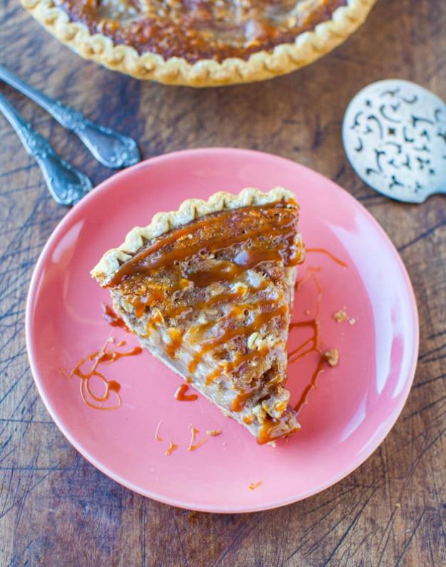Caramel apple crumble pie with an oat crumble topping over cinnamon apples and caramel in a pie crust