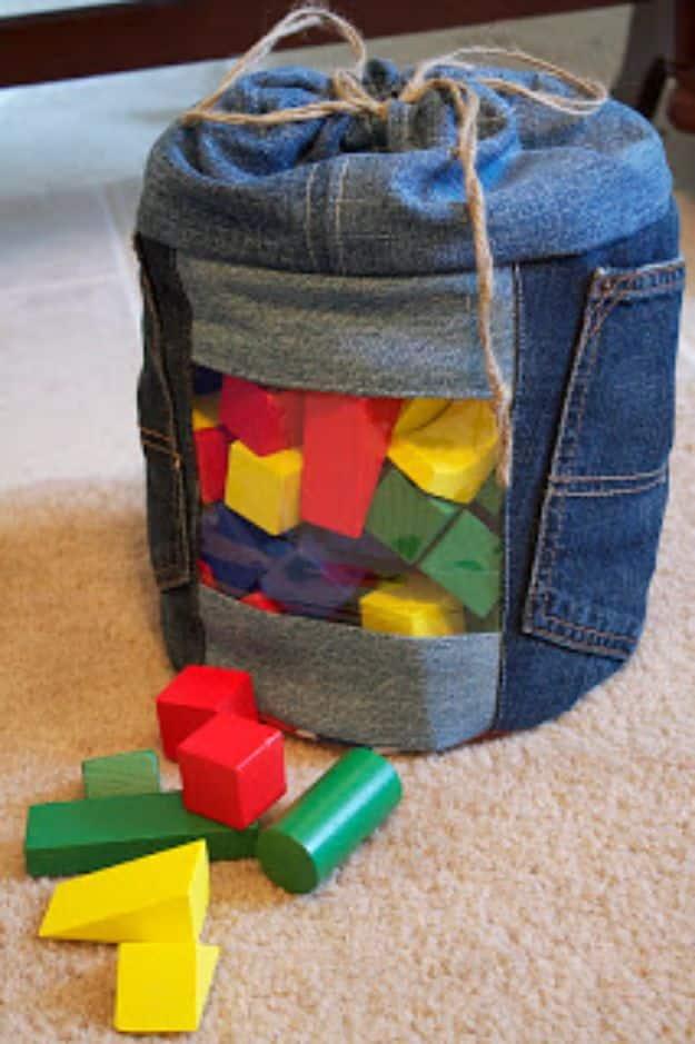 Blue Jean Upcycles - Upcycled Jeans To Toy Storage - Ways to Make Old Denim Jeans Into DIY Home Decor, Handmade Gifts and Creative Fashion - Transform Old Blue Jeans into Pillows,
