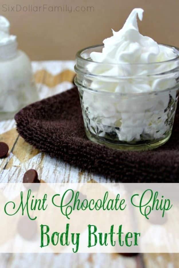 DIY Mint Chocolate Chip Body Butter, a natural skincare formula, easy to scale up into a bigger batch to share