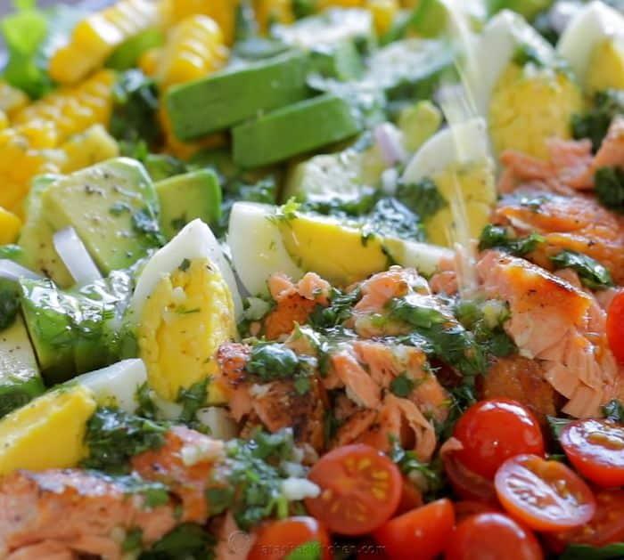 Healthy Cobb Seafood Salmon Salad With Salad Dressing Ingredients