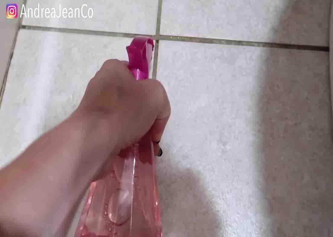 Spraying the magic dollar tree solution on the grout