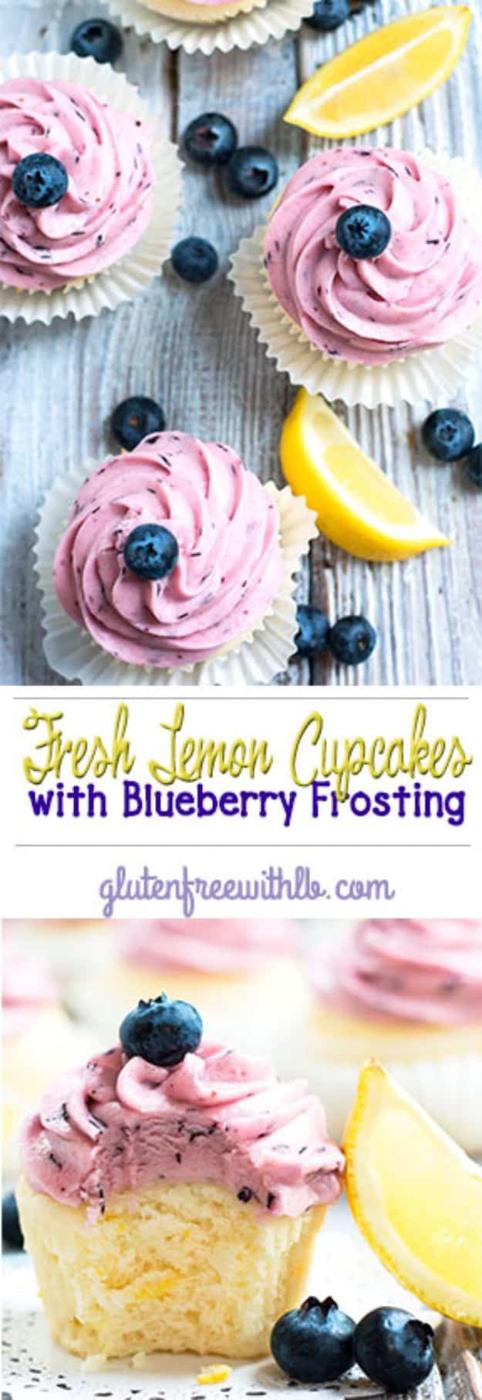 Lemon cupcakes topped with purple blueberry buttercream frosting made with real fresh blueberries and zest