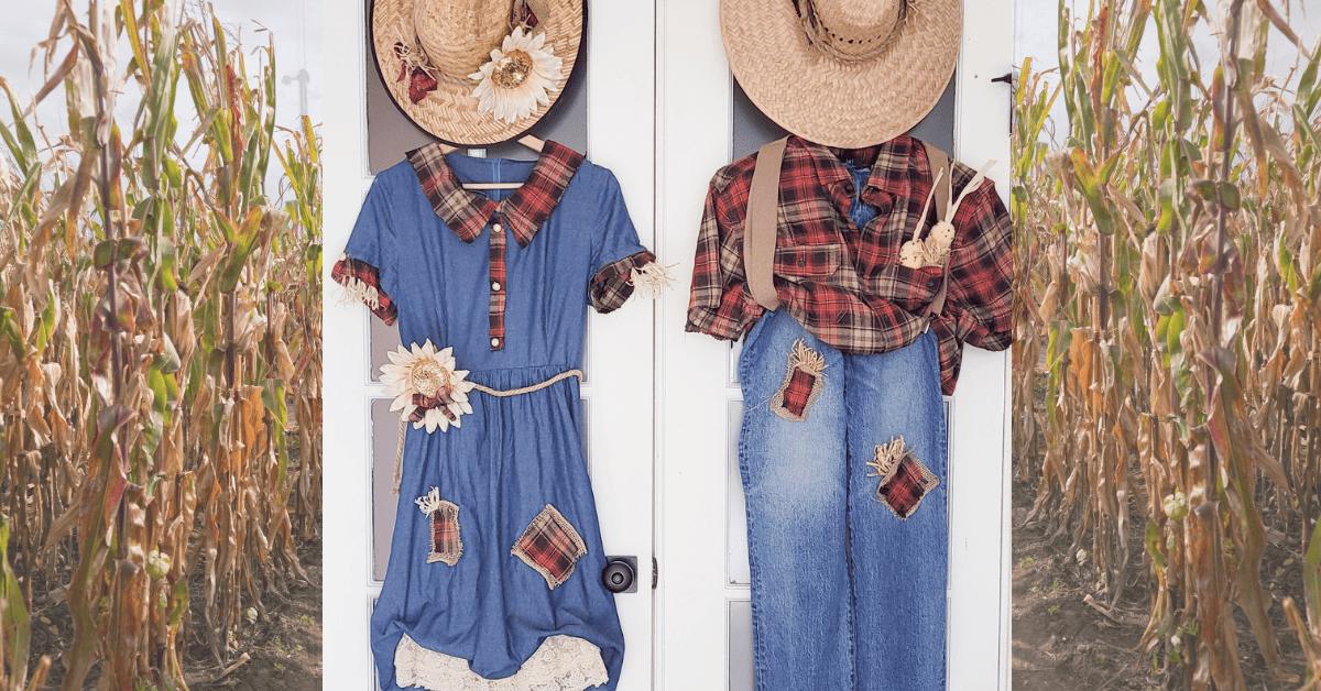 Couples scarecrow costumes with burlap patches, raffia, a chambray dress, plaid flannel and two straw hats