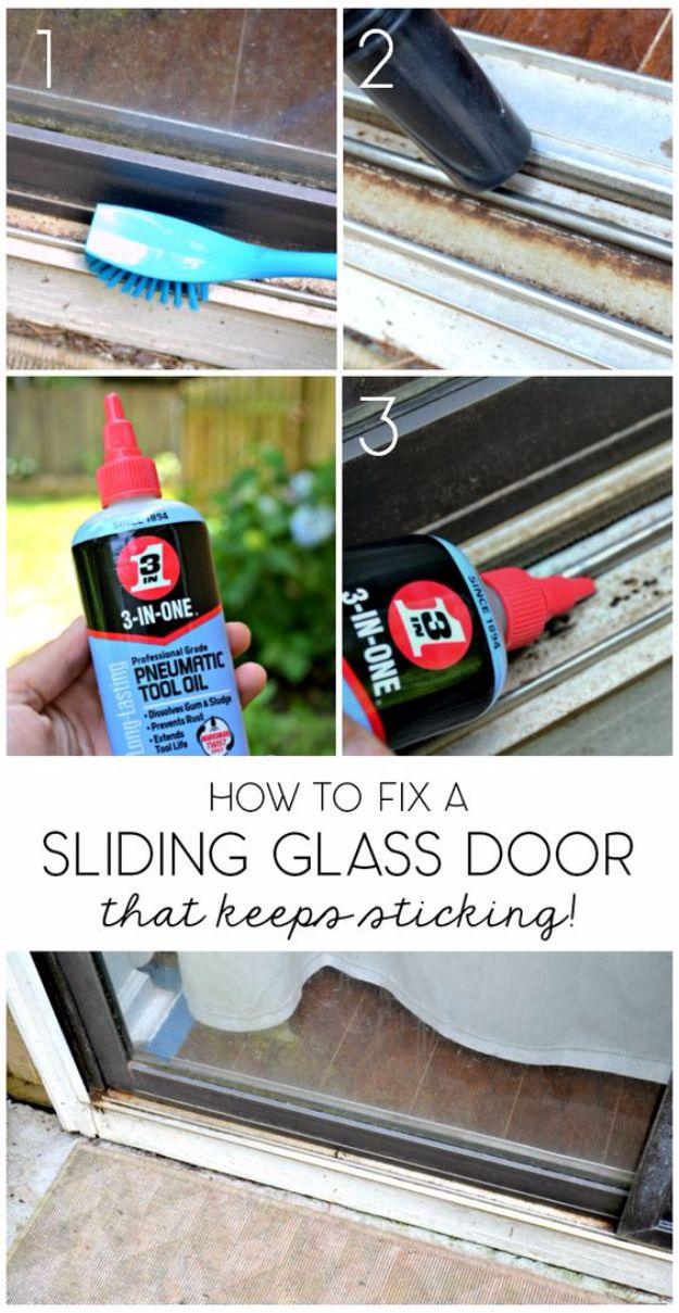 Fix a sliding glass door, a rusty patio door track scrubbed with a blue brush, vacuumed out, then oiled from a bottle