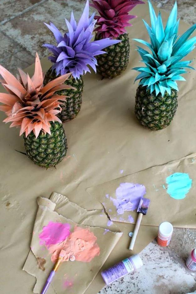 Pretty Painted Pineapples, a backyard party decor, low mess and low stress to make and a look that photographs beautifully