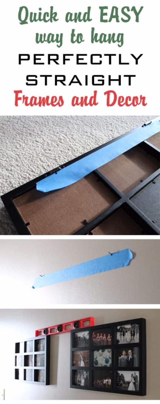 Three panel sequence showing blue painters tape stretched across the back of a frame, then on a wall, then hung frames