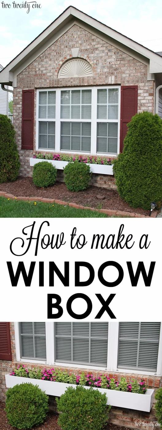 DIY curb appeal window boxes painted white on a brick house, planted with flowers under two front windows