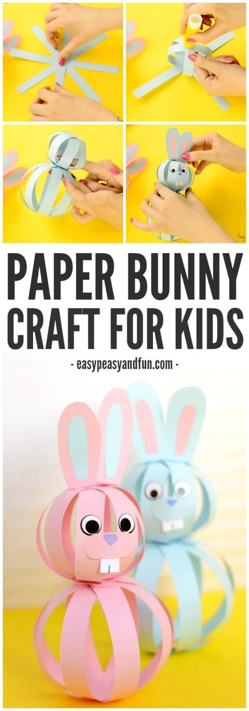 Two paper strip bunnies in pale pink and blue with long ears, shown beside a four panel step by step collage