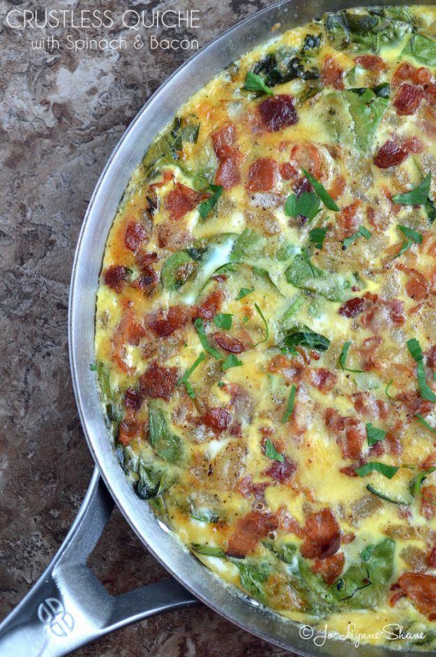 Crustless quiche with spinach and bacon baked in a skillet, green chard and bacon pieces visible on top