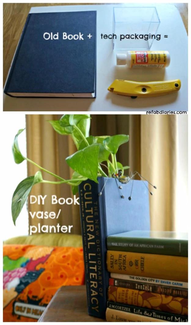 DIY book vase planter collage, a hollowed blue book holding a trailing green plant above the raw materials