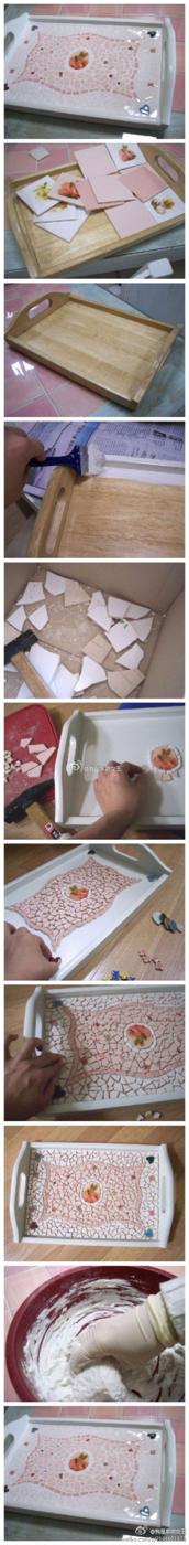Mosaic tray step by step collage, a wooden tray painted white being laid with pink and cream tile pieces, then grouted