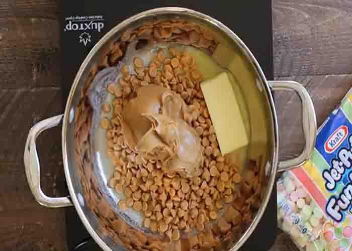 Making the peanut butter marshmallow squares