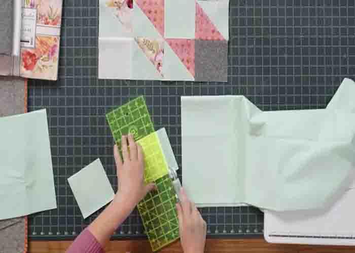 Making the half-square triangles for the prism path quilt