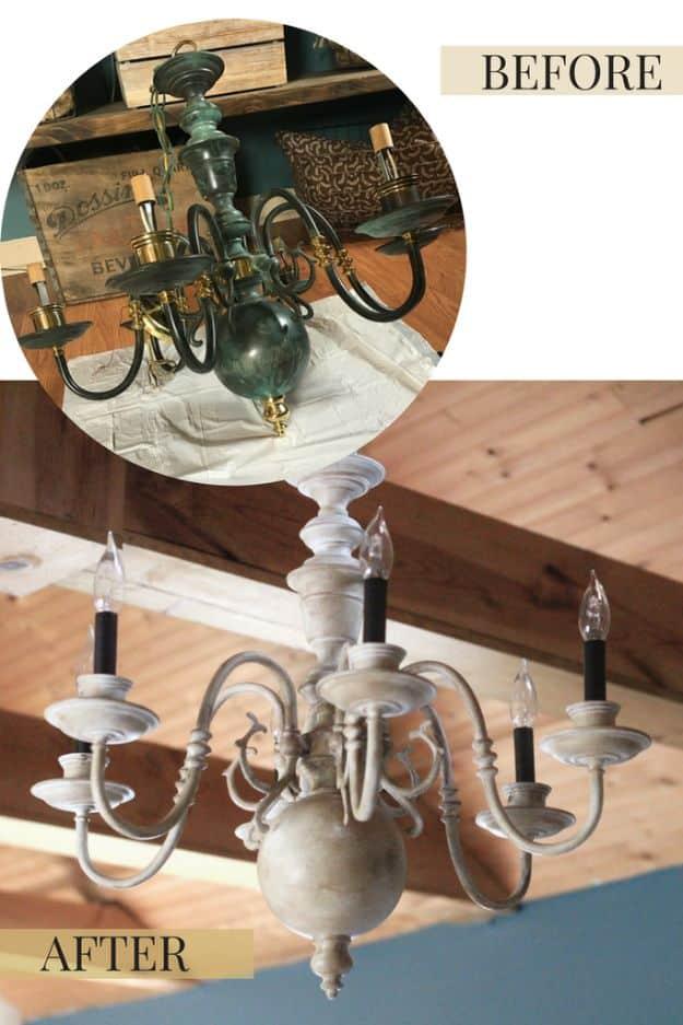 Five dollar thrift store chandelier makeover painted weathered gray white, hanging under exposed wooden ceiling beams