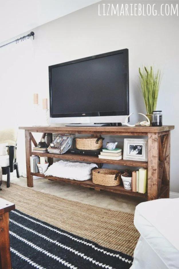 DIY Rustic TV Console, budget friendly with supplies on hand and a nice way to make a plain corner feel finished