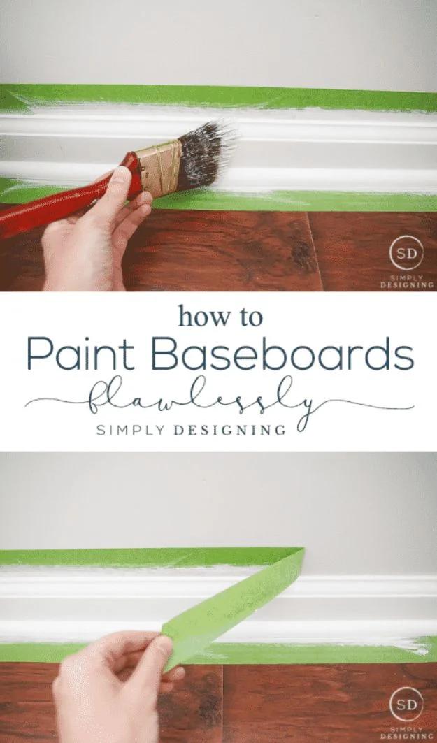 Painting hack graphic, green tape above and below white trim and a brush, over the words Paint Baseboards