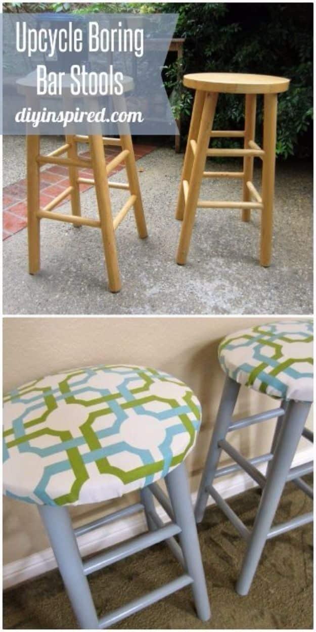 Upcycled bar stools with gray painted legs and round seats reupholstered in green and white geometric fabric