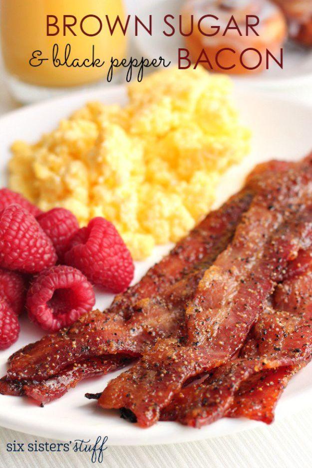 Pin graphic, cream text band above a plate of dark candied brown sugar bacon with scrambled eggs and raspberries