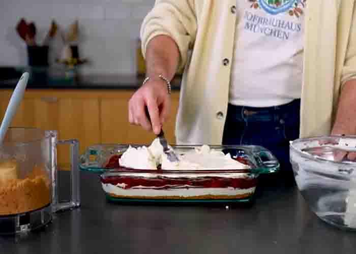 Assembling the cherry yum-yum dessert recipe