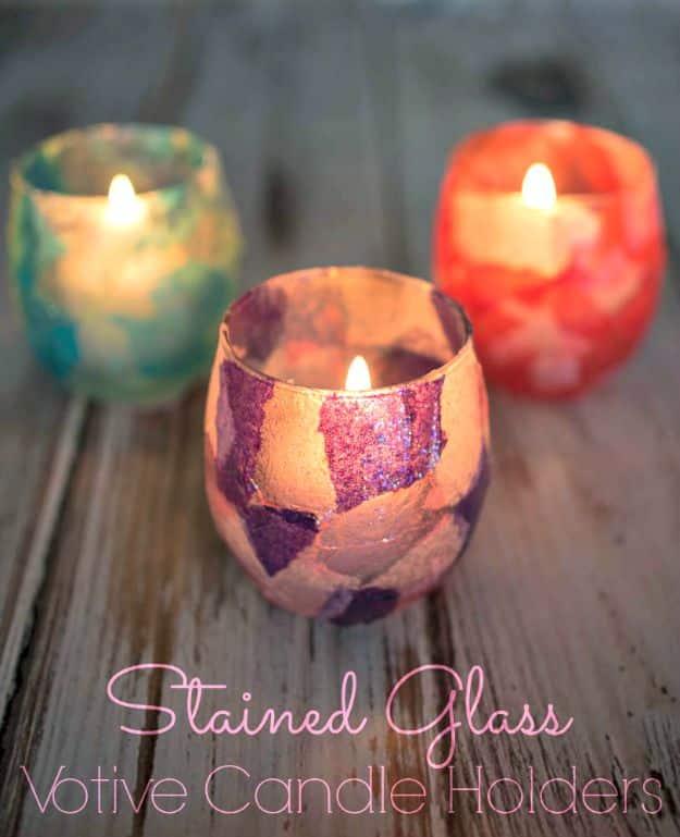 DIY Candle Holders - Stained Glass Votive Holder - Easy Ideas for Home Decor With Candles, Tall Candlesticks and Votives - Fun Wooden, Rustic, Glass, Mason Jar, Boho and Projects W