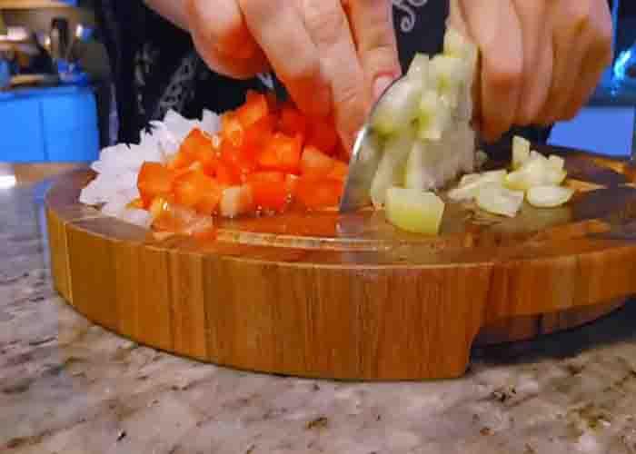 Chopping the veggies for the tuna avocado salad