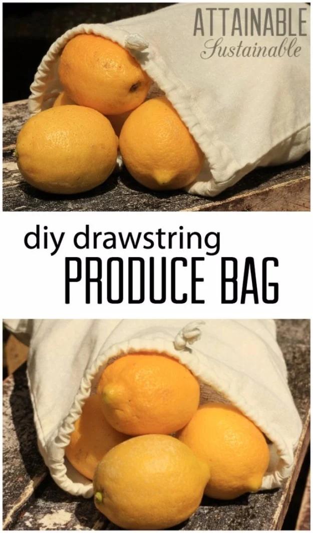 Natural cotton drawstring produce bag spilling lemons onto a wooden crate, shown above and below a title band
